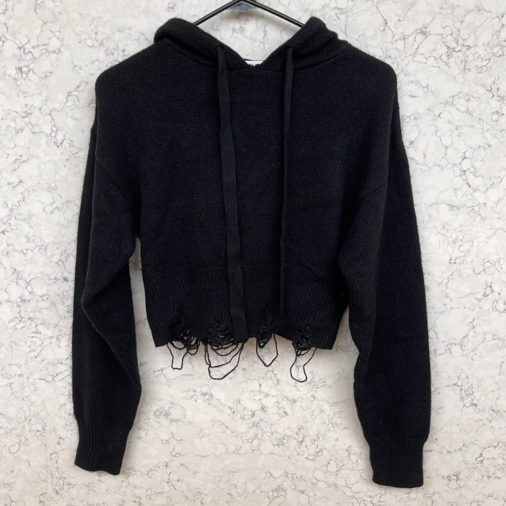 Cropped Black Knit Hoodie